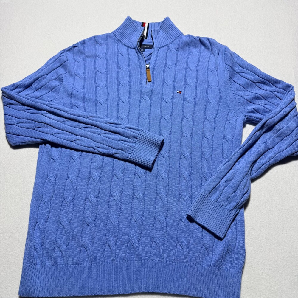 Tommy Hilfiger Large Blue Cotton Quarter-Zip Sweater Cable Knit